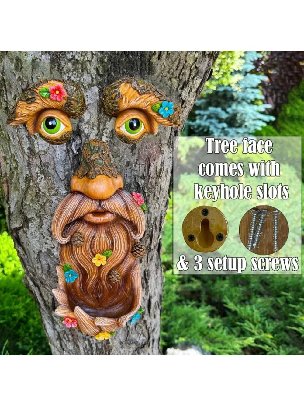 Whimsical Tree Face Decor with Flowers - Outdoor Garden Hugger Yard Art Statue